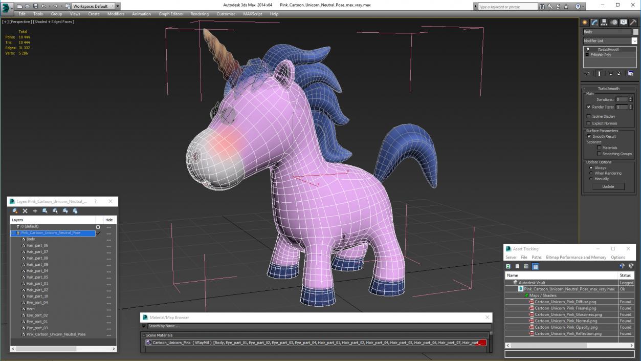 3D Pink Cartoon Unicorn Neutral Pose model