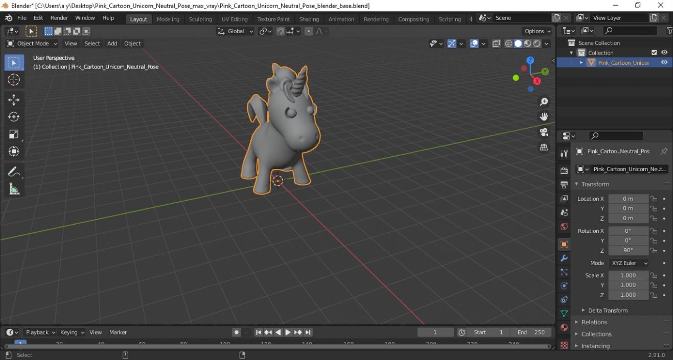 3D Pink Cartoon Unicorn Neutral Pose model