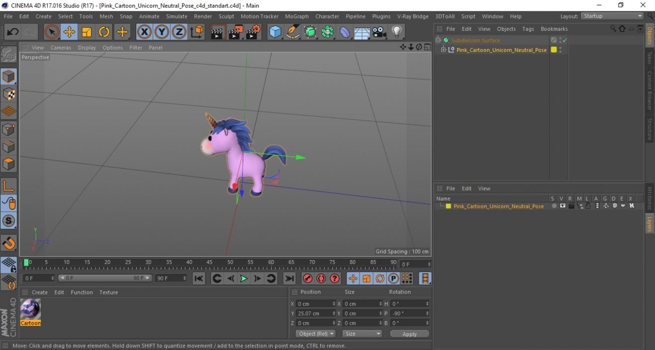 3D Pink Cartoon Unicorn Neutral Pose model