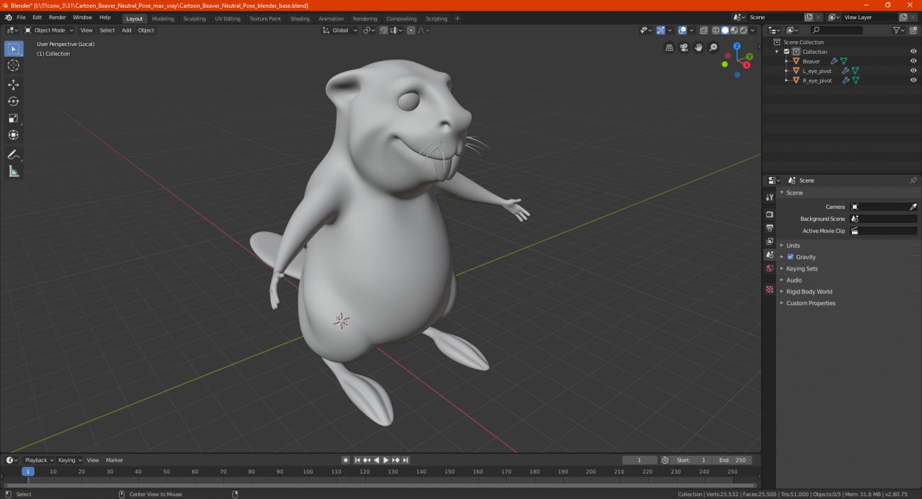 Cartoon Beaver Neutral Pose 3D