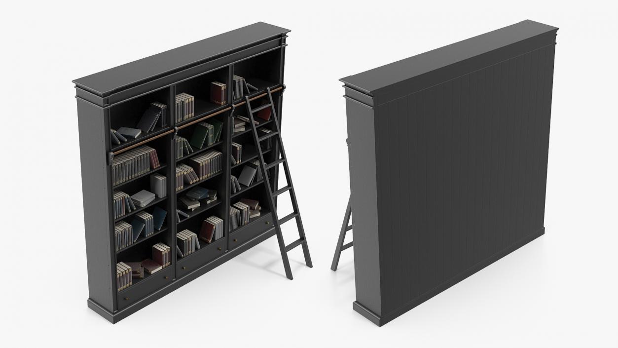 3D Black Open Library Bookcase with Books model