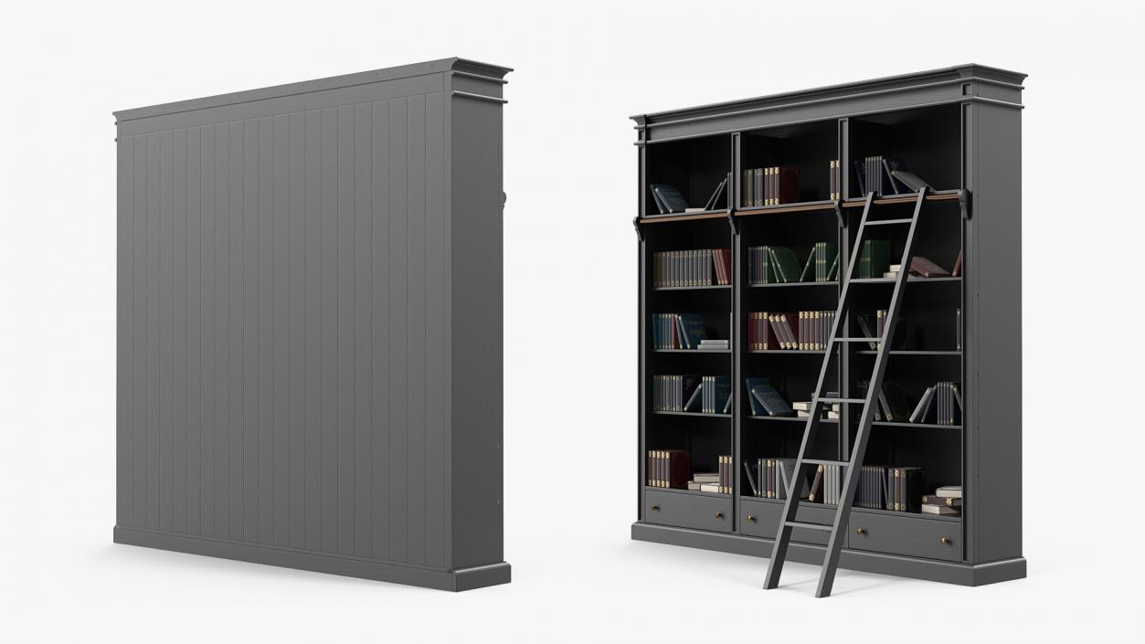 3D Black Open Library Bookcase with Books model