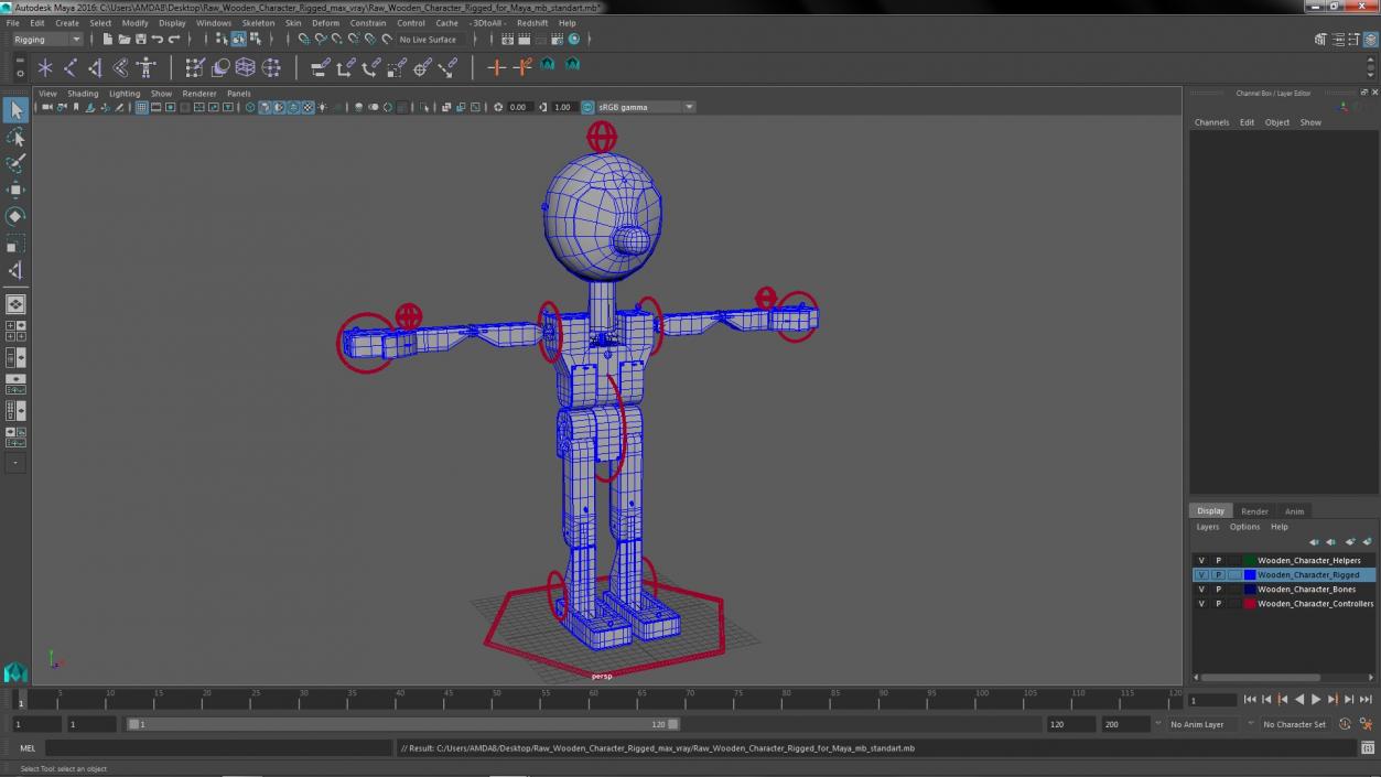 3D Raw Wooden Character Rigged for Maya