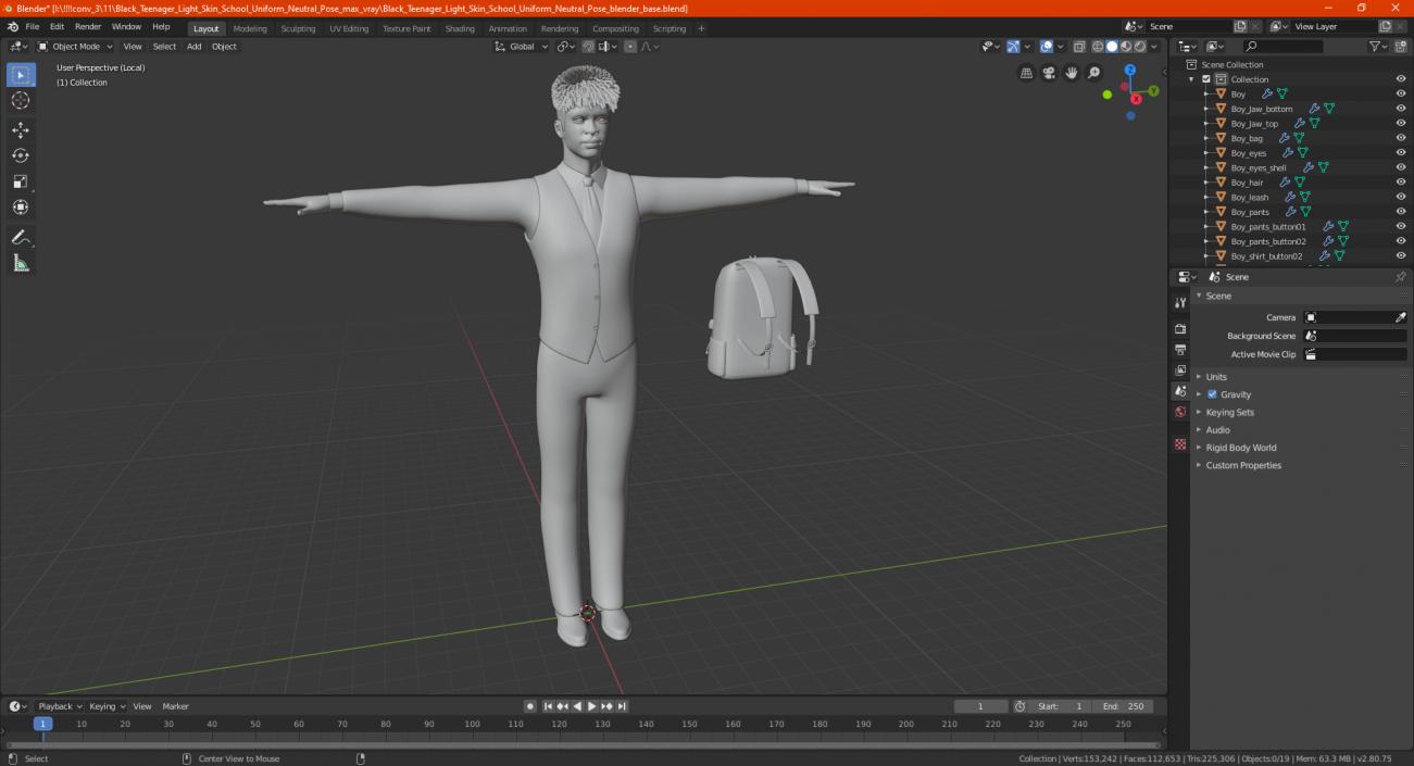 3D Black Teenager Light Skin School Uniform Neutral Pose model