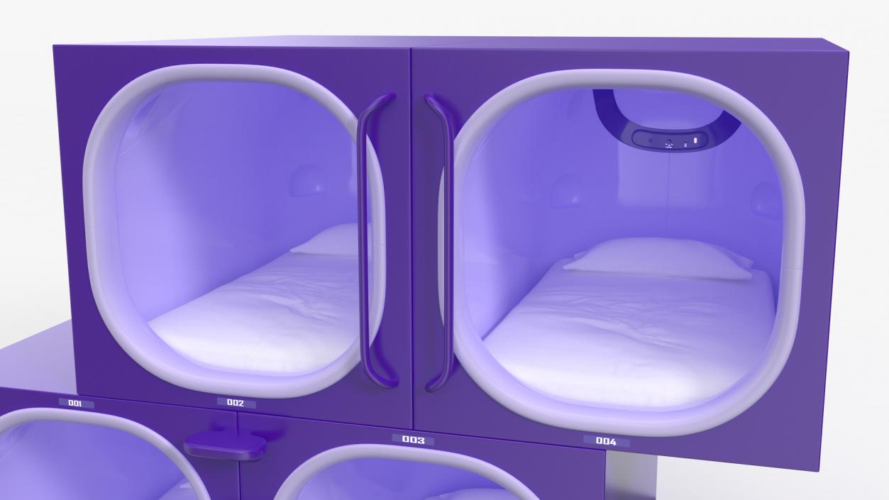 3D Purple Capsule Hotel Rooms