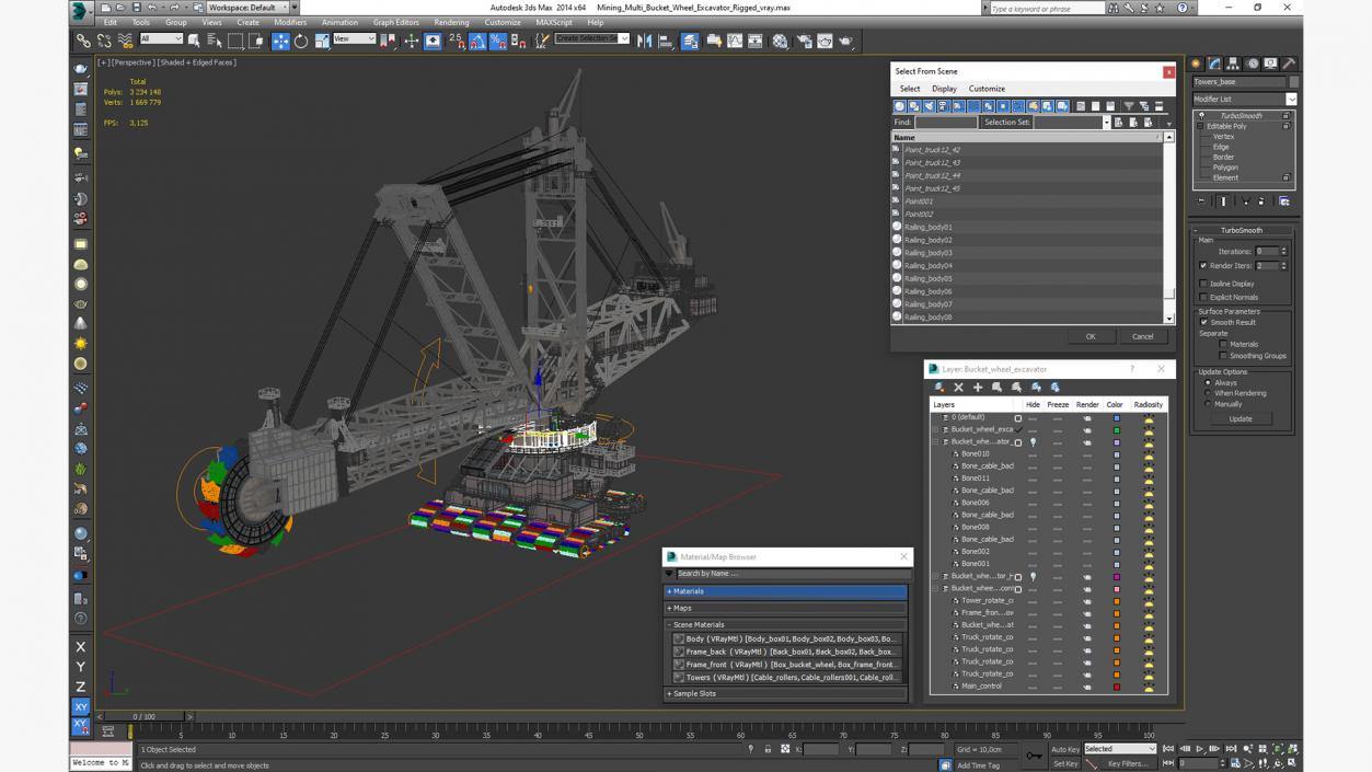 3D Mining Multi Bucket Wheel Excavator Rigged for Maya