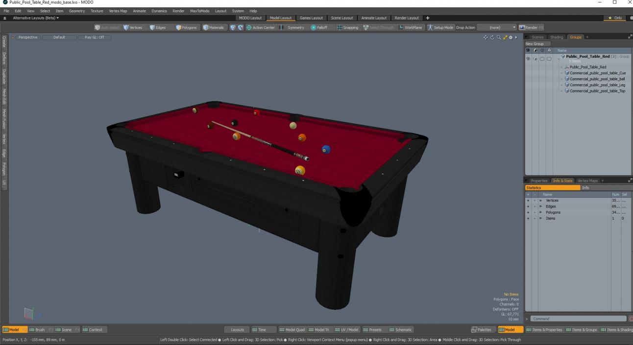 3D Public Pool Table Red 2 model