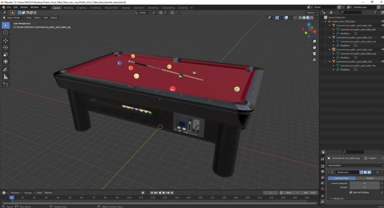 3D Public Pool Table Red 2 model