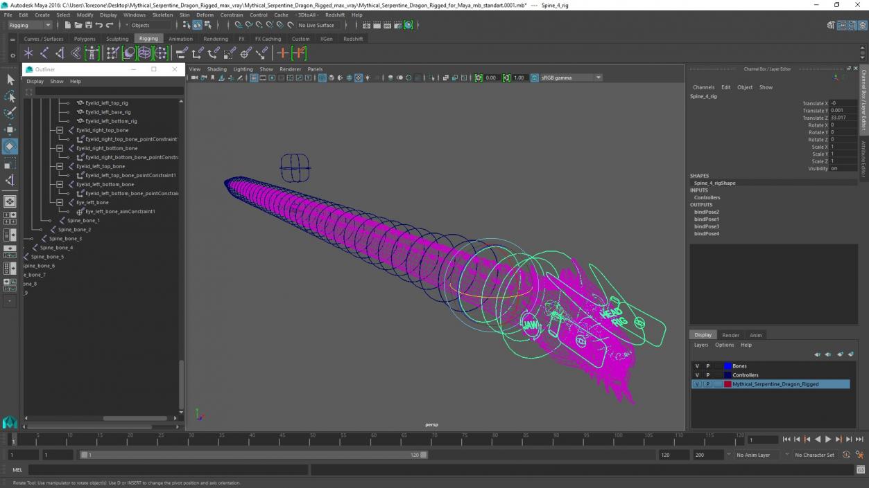 Mythical Serpentine Dragon Rigged for Maya 3D