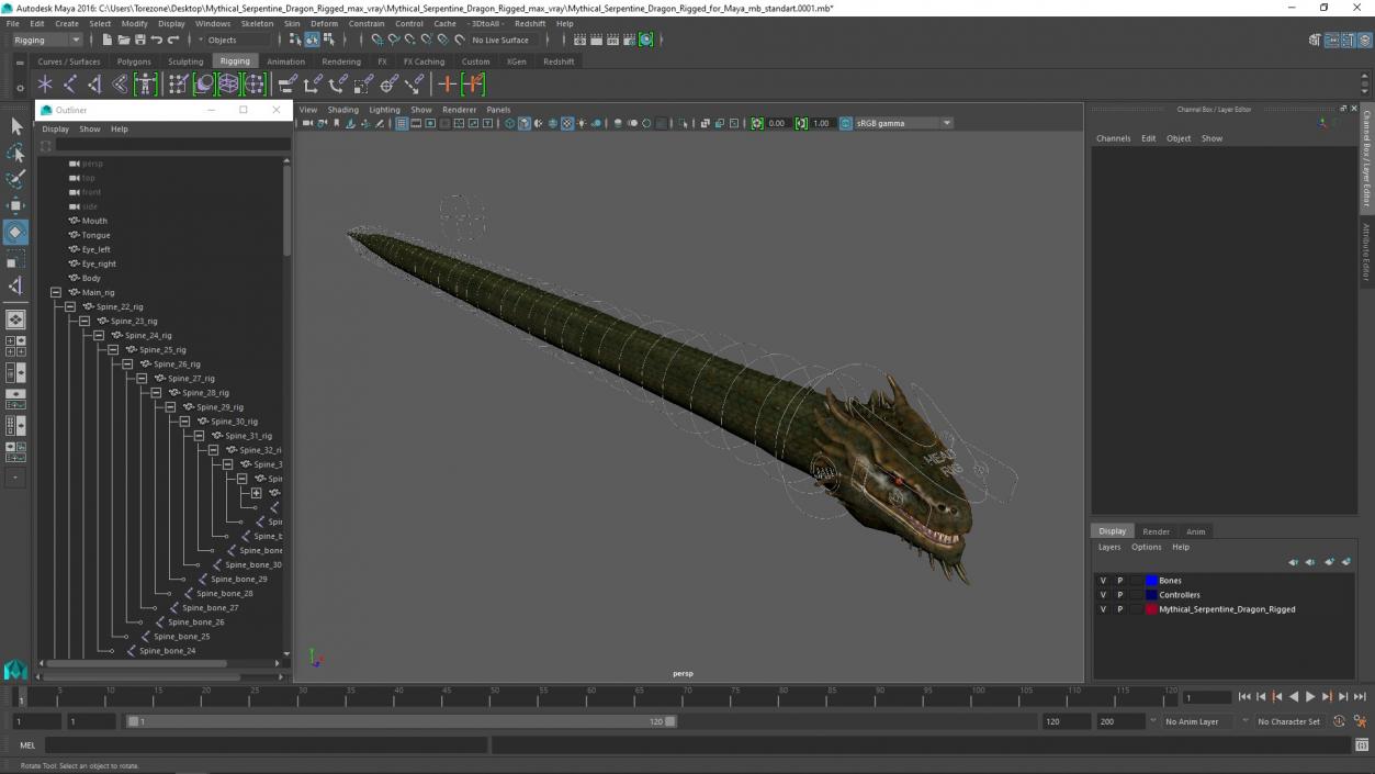 Mythical Serpentine Dragon Rigged for Maya 3D