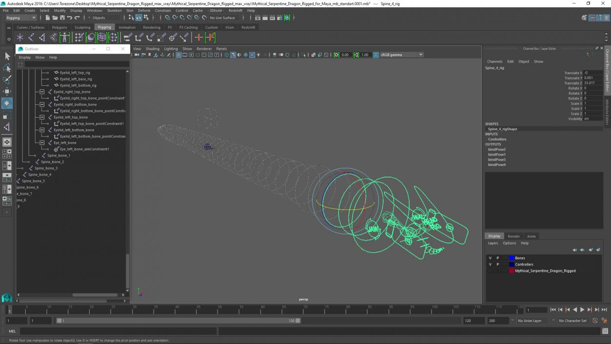 Mythical Serpentine Dragon Rigged for Maya 3D