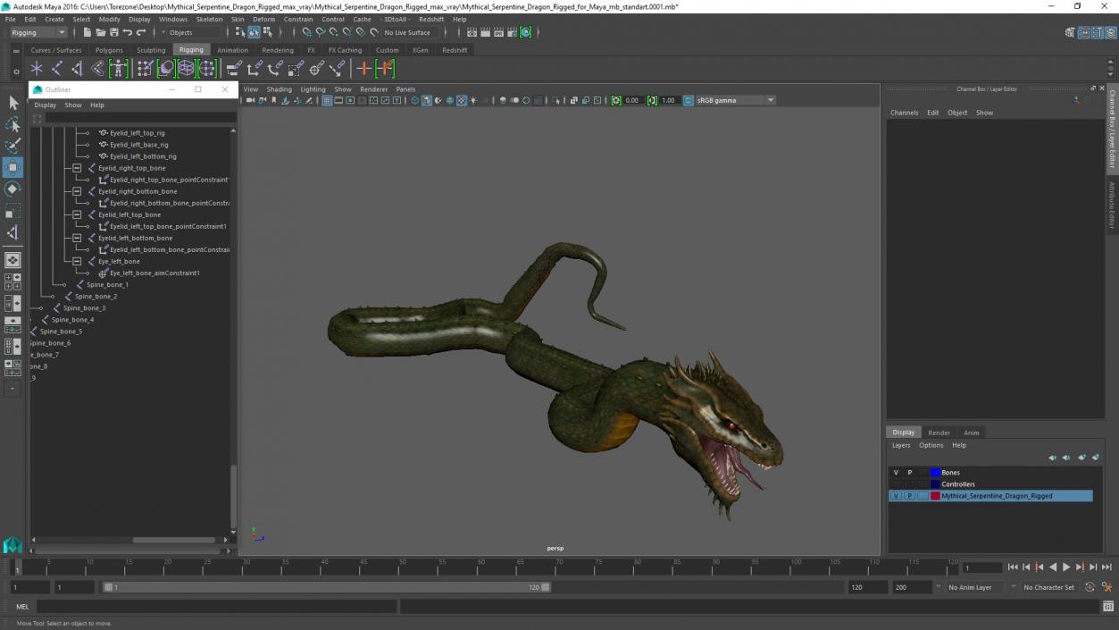 Mythical Serpentine Dragon Rigged for Maya 3D