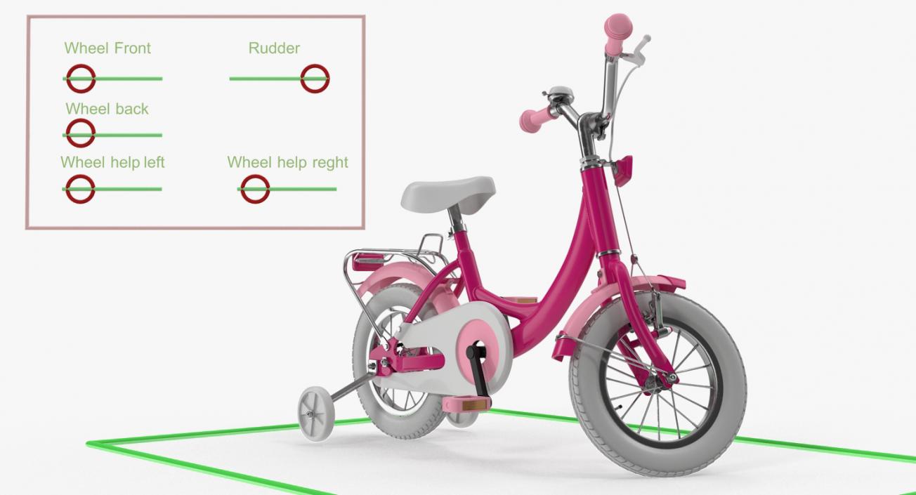 3D Girls Kids Bike with Training Wheels Rigged model