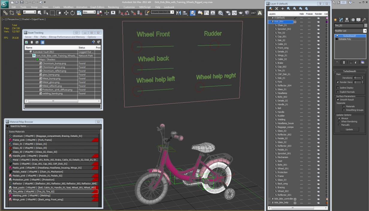 3D Girls Kids Bike with Training Wheels Rigged model