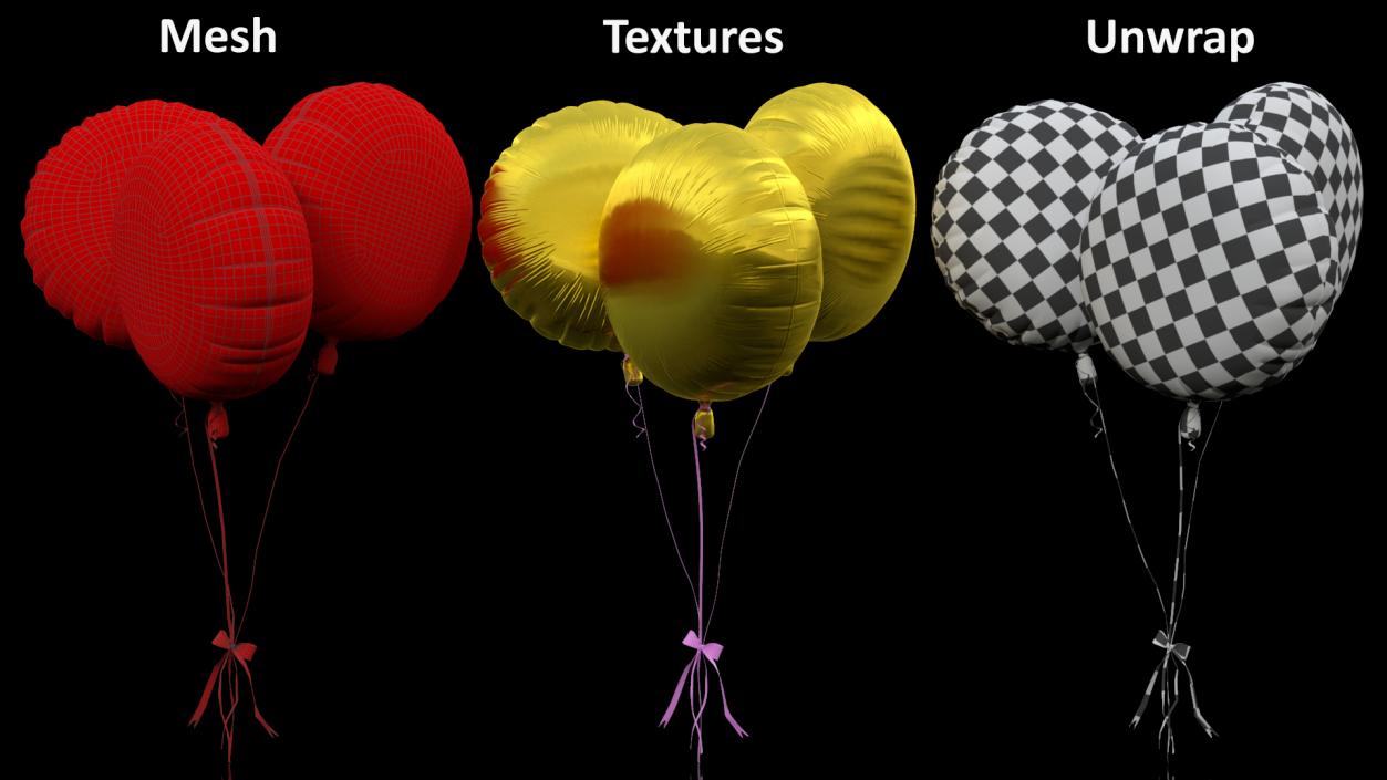 3D Three Helium Balloons Gold