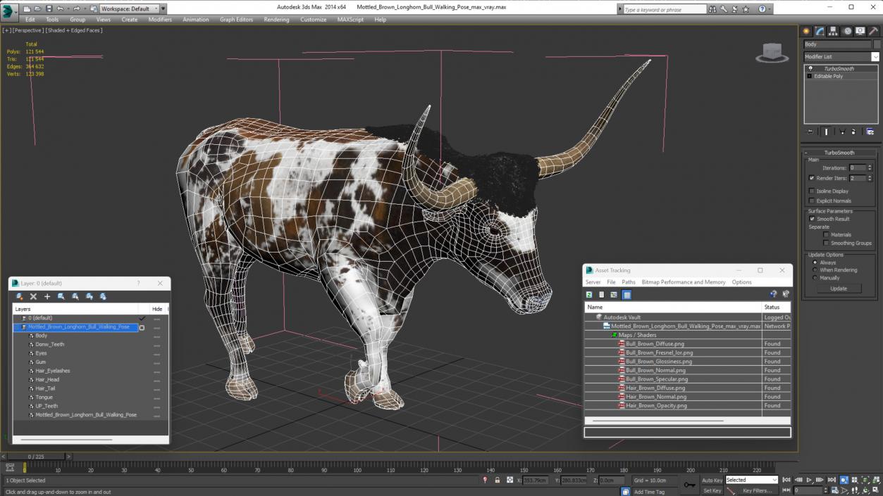 3D model Mottled Brown Longhorn Bull Walking Pose