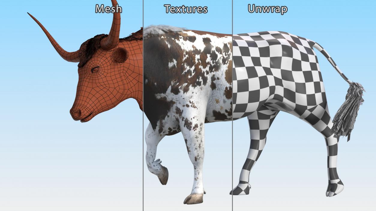 3D model Mottled Brown Longhorn Bull Walking Pose