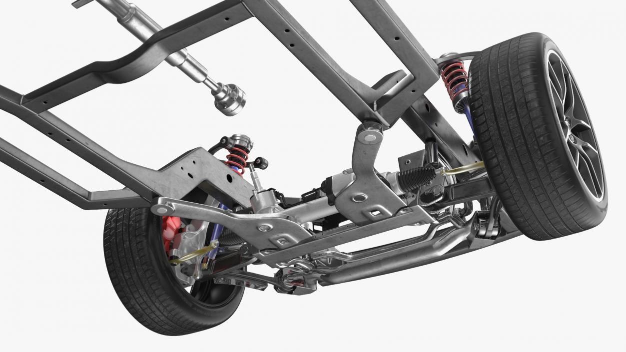 3D Car Frame with Suspension and Wheels