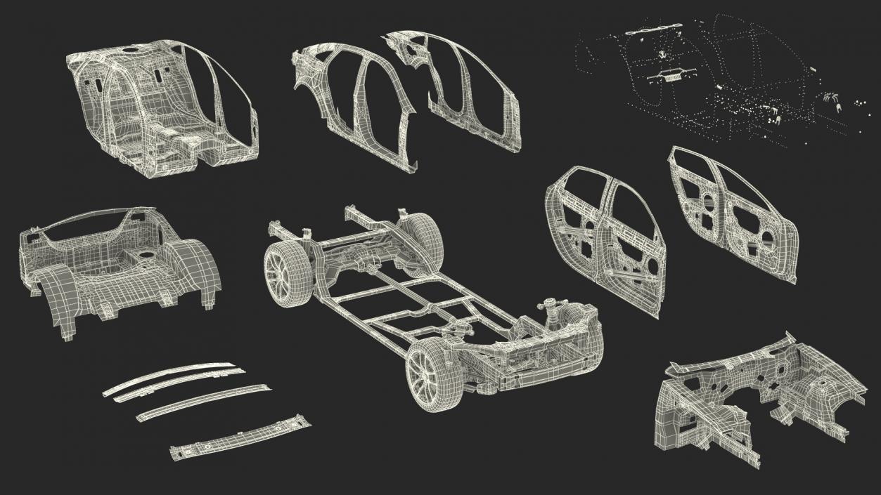 3D Car Frame with Suspension and Wheels