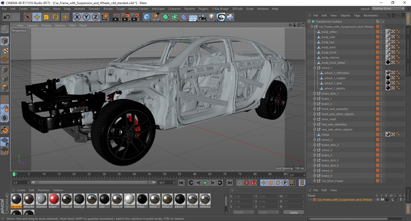 3D Car Frame with Suspension and Wheels