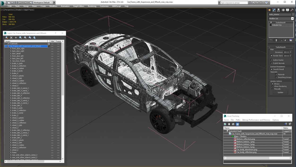 3D Car Frame with Suspension and Wheels