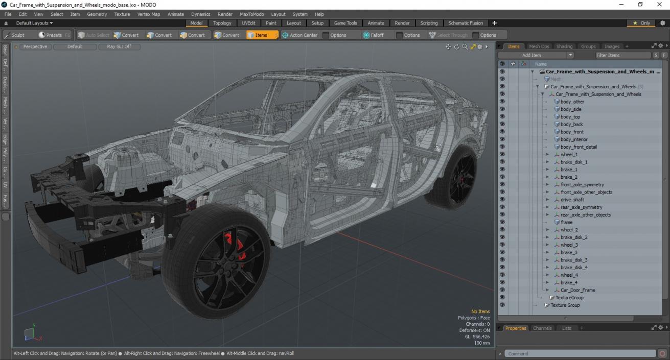 3D Car Frame with Suspension and Wheels