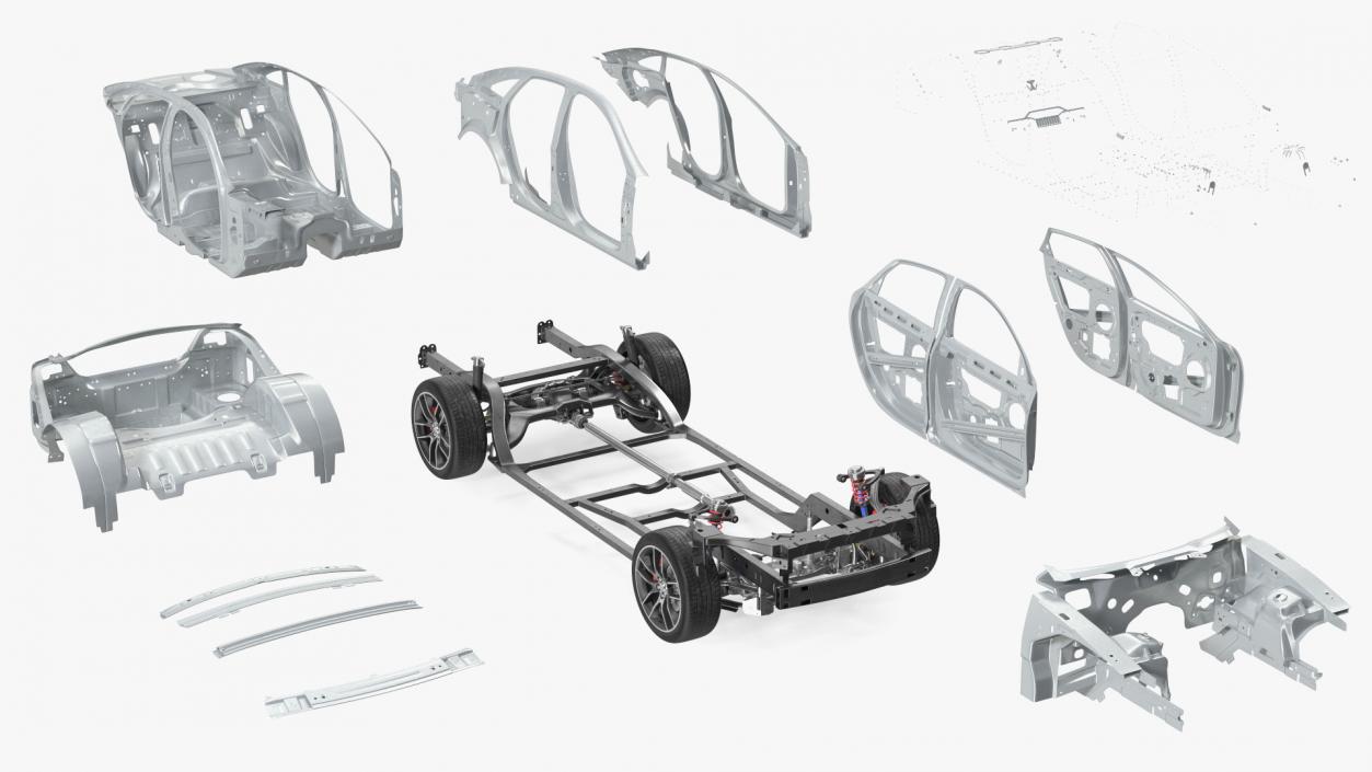 3D Car Frame with Suspension and Wheels