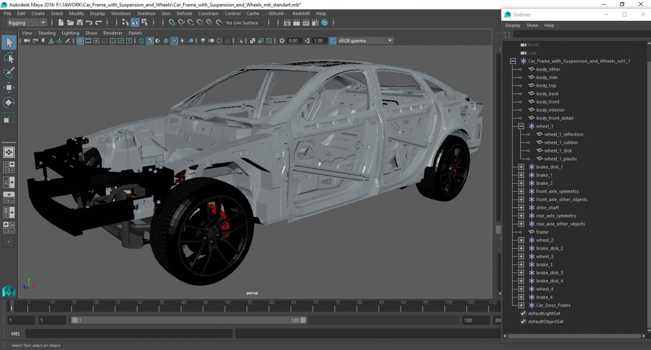 3D Car Frame with Suspension and Wheels