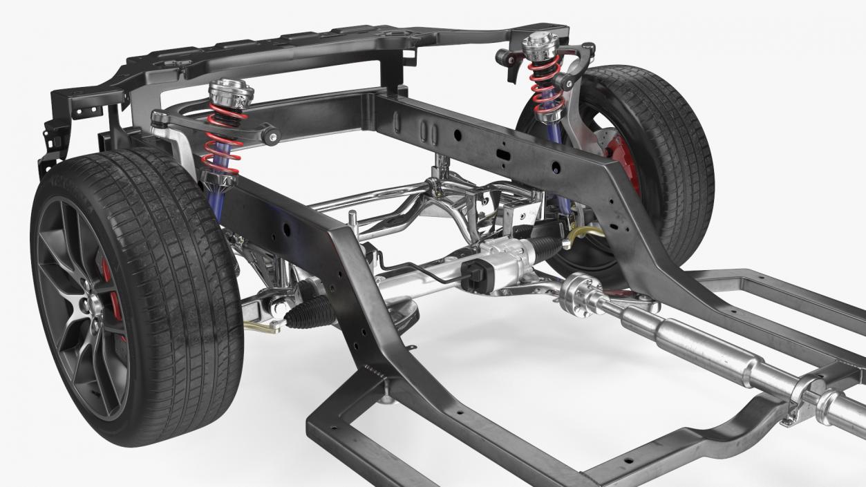 3D Car Frame with Suspension and Wheels