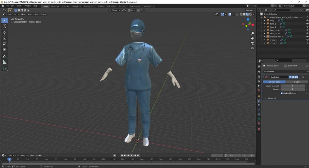 Surgeon Uniform Scrubs with Stethoscope 3D model