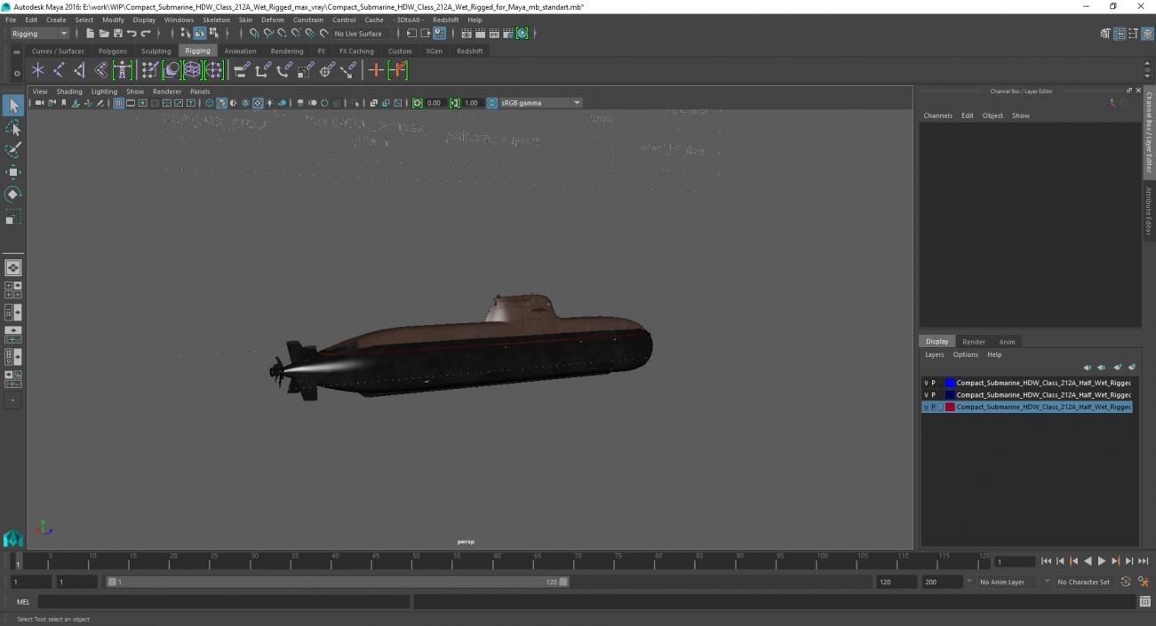 Compact Submarine HDW Class 212A Wet Rigged for Maya 3D