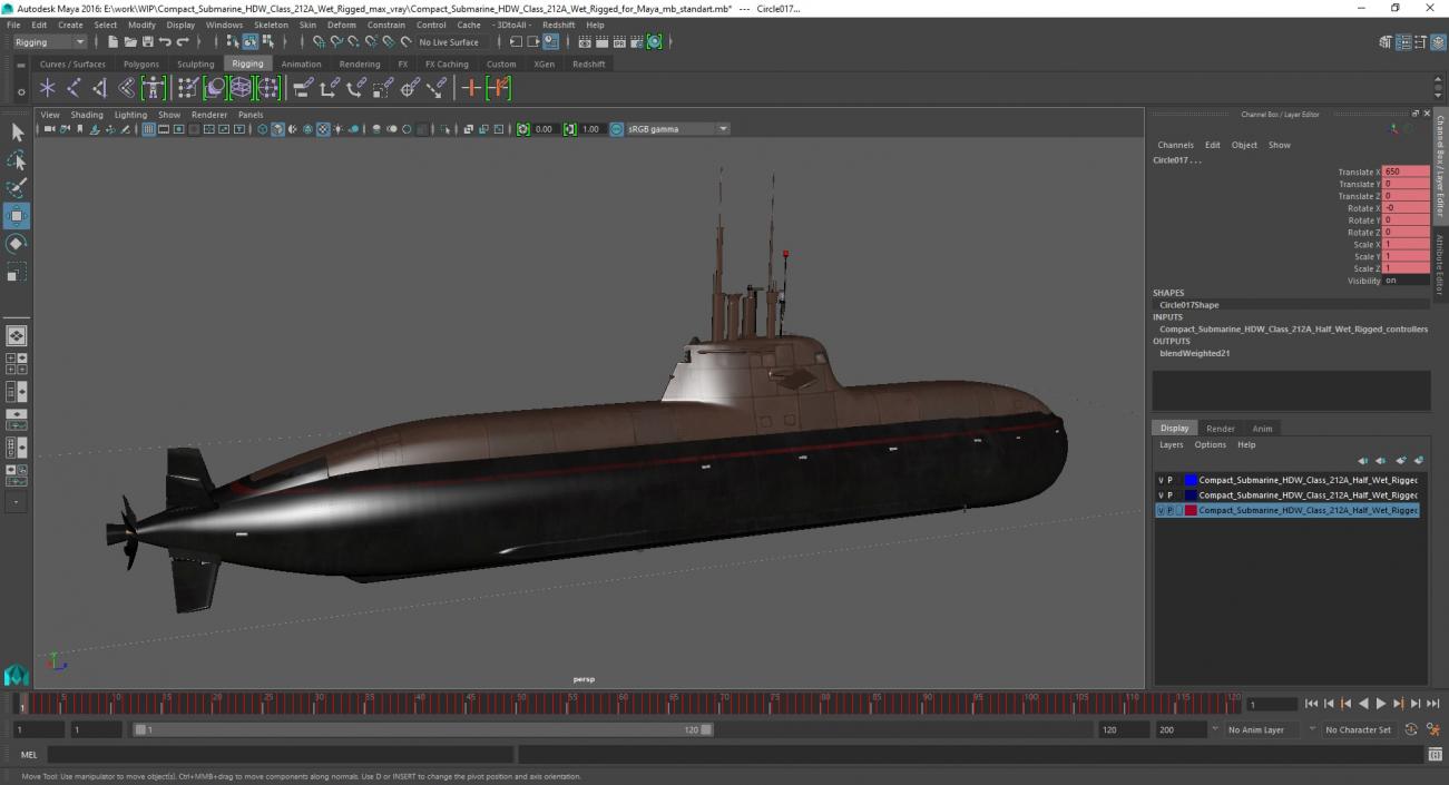 Compact Submarine HDW Class 212A Wet Rigged for Maya 3D