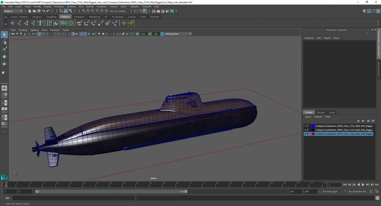 Compact Submarine HDW Class 212A Wet Rigged for Maya 3D