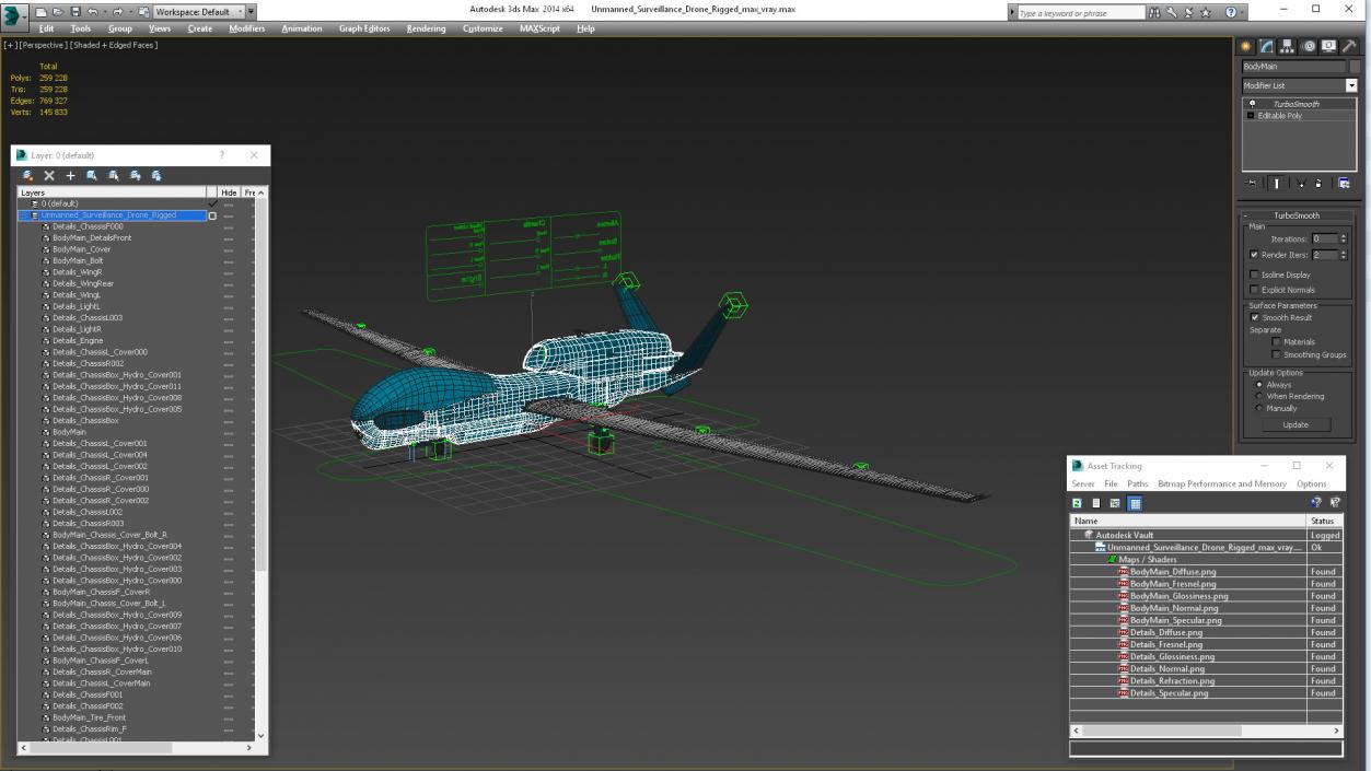 Unmanned Surveillance Drone Rigged 3D model