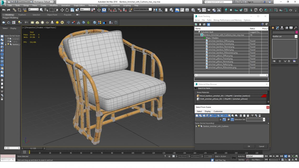 Bamboo Armchair with Cushions 3D model