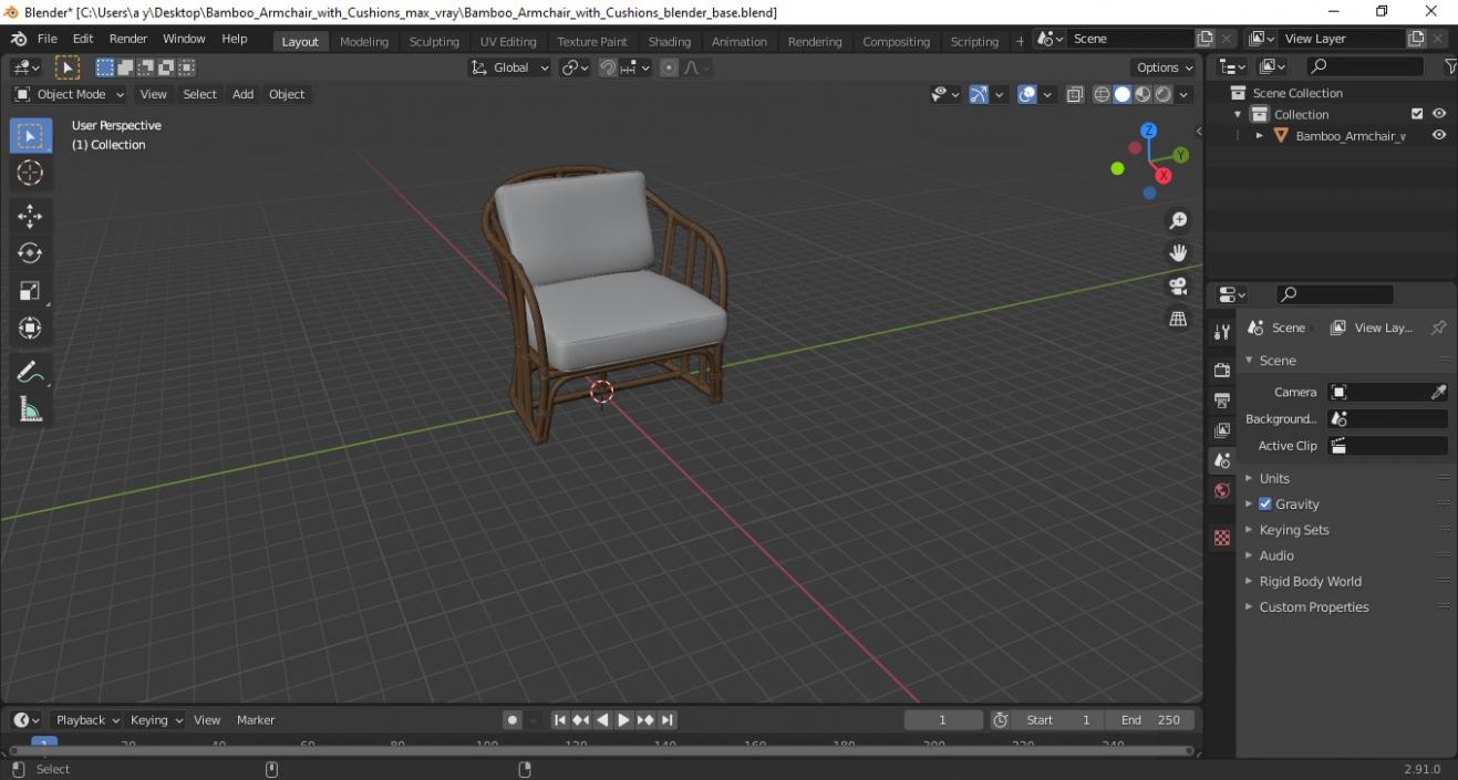 Bamboo Armchair with Cushions 3D model