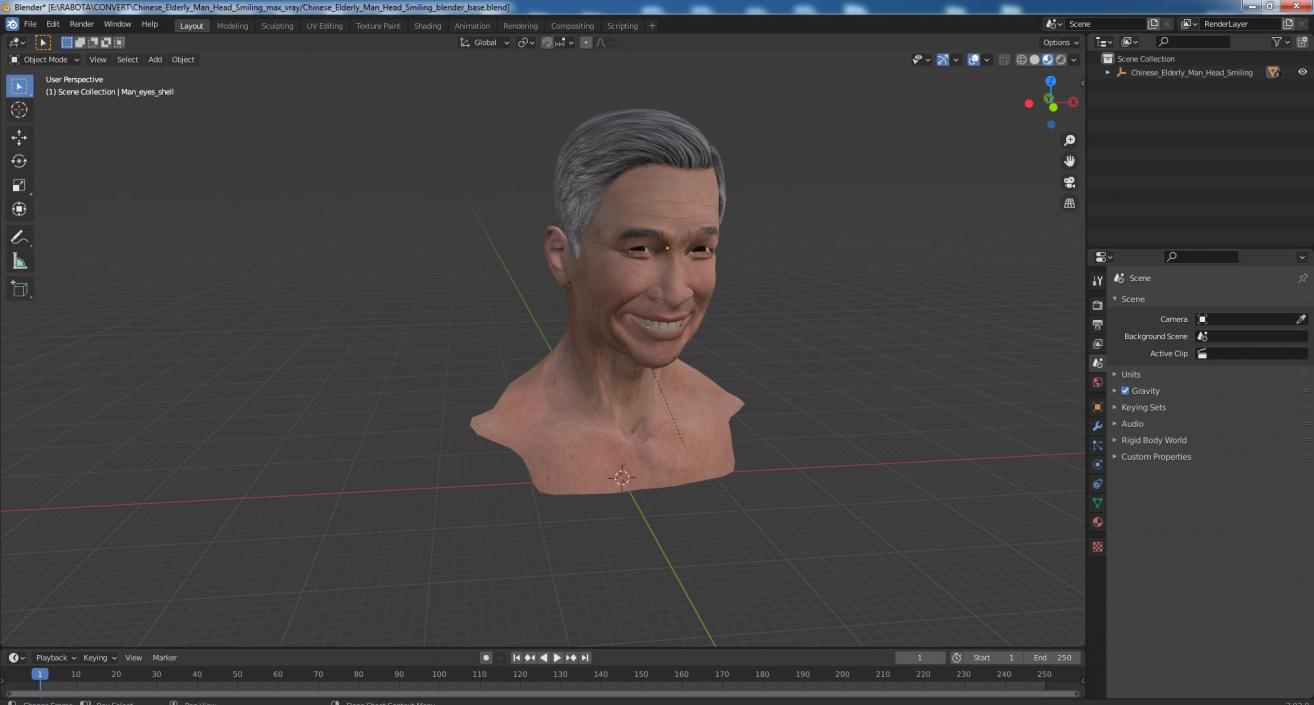 Chinese Elderly Man Head Smiling 3D