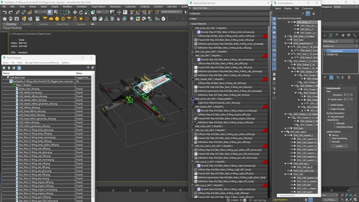 Starfighter X-Wing with Droid R2-D2 Rigged 3D