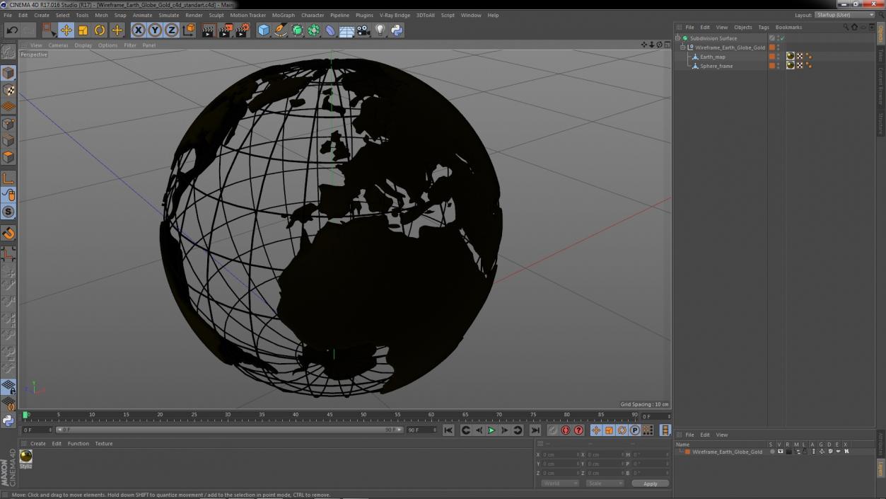 3D Wireframe Earth Globe Gold