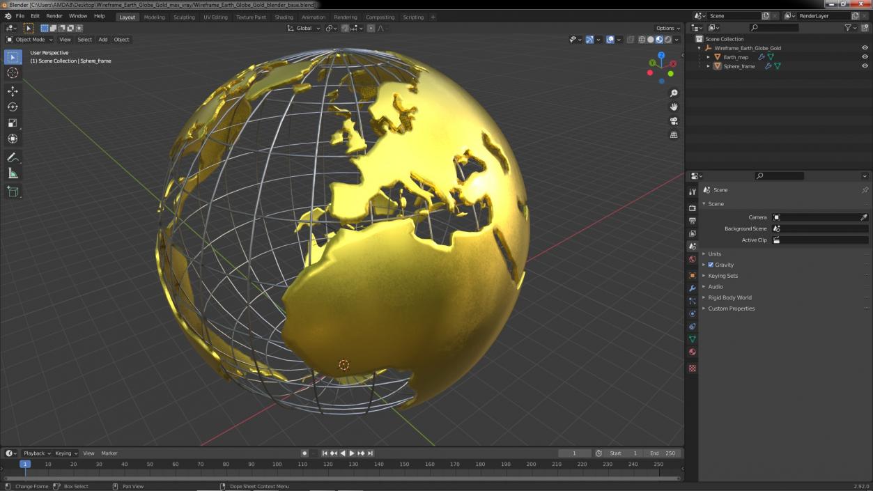 3D Wireframe Earth Globe Gold