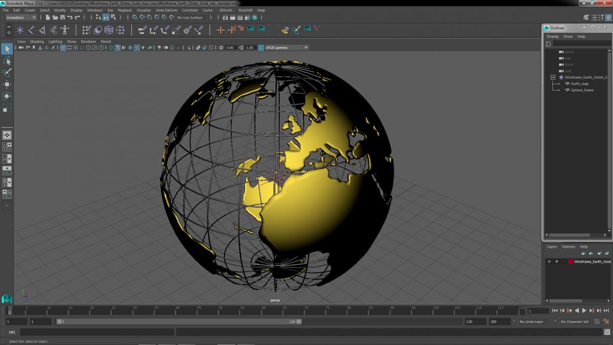 3D Wireframe Earth Globe Gold