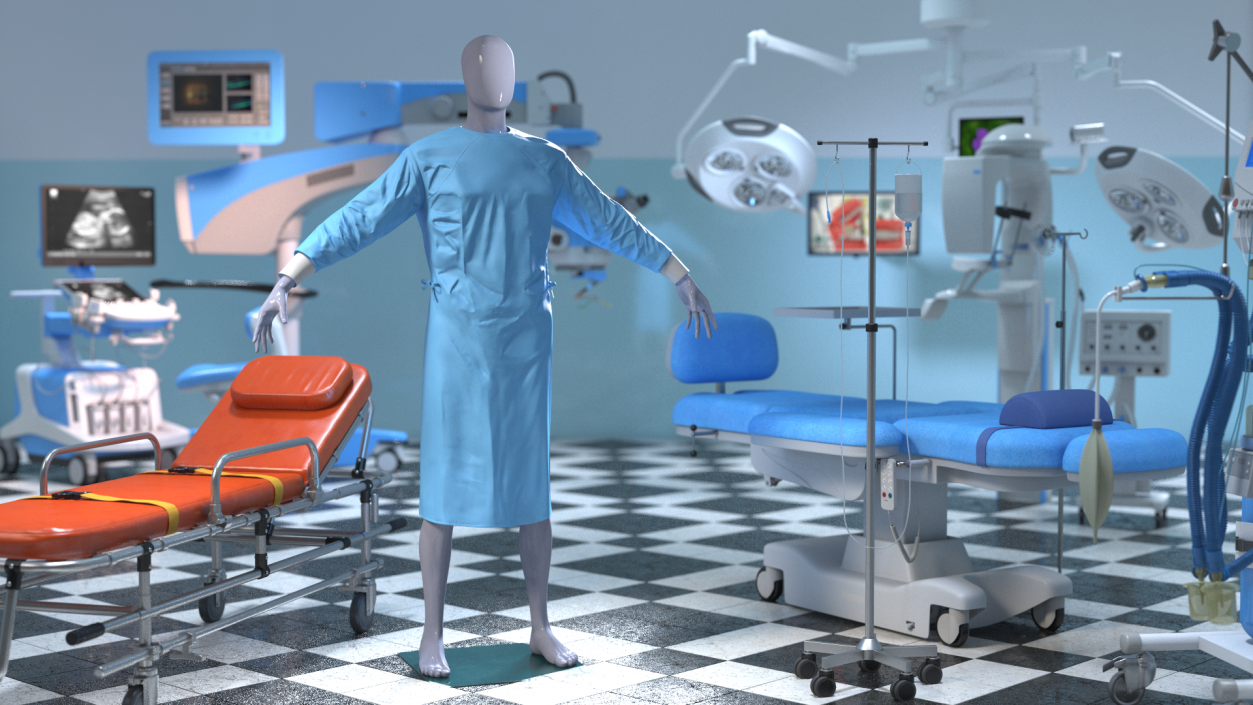 3D Full Sleeve Blue Cotton Surgeon Gown