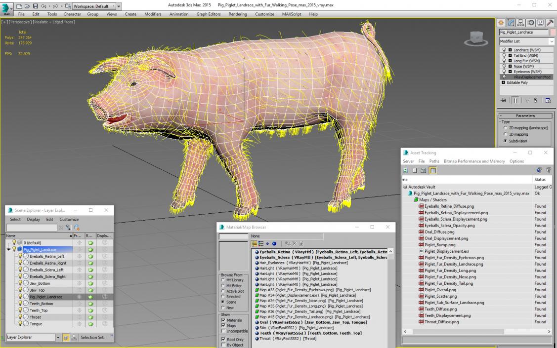 3D Pig Piglet Landrace with Fur Walking Pose