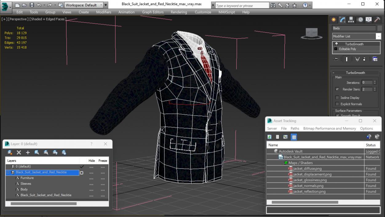 3D Black Suit Jacket and Red Necktie model