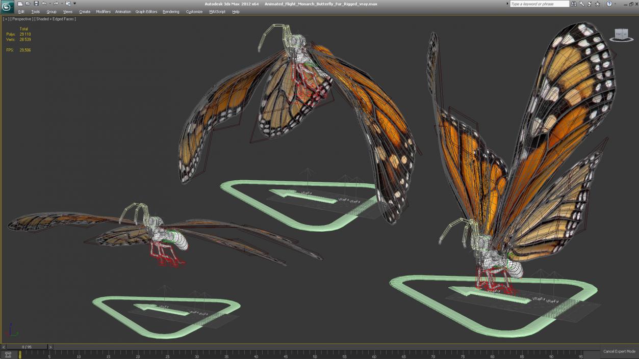 Animated Flight Monarch Butterfly Fur Rigged 3D model