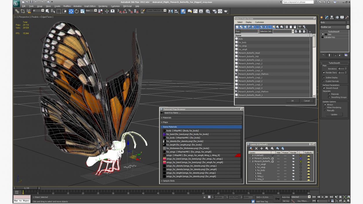 Animated Flight Monarch Butterfly Fur Rigged 3D model