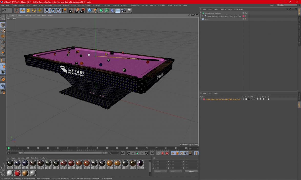 Pool Table Rasson Fuchsia with Balls and Cue 3D model