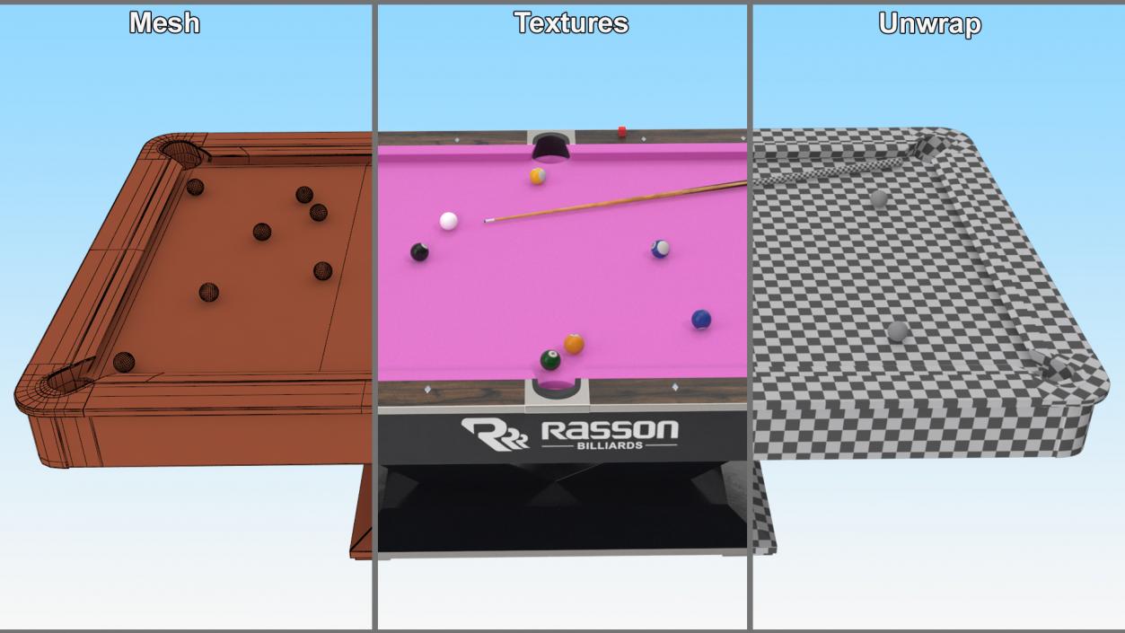 Pool Table Rasson Fuchsia with Balls and Cue 3D model