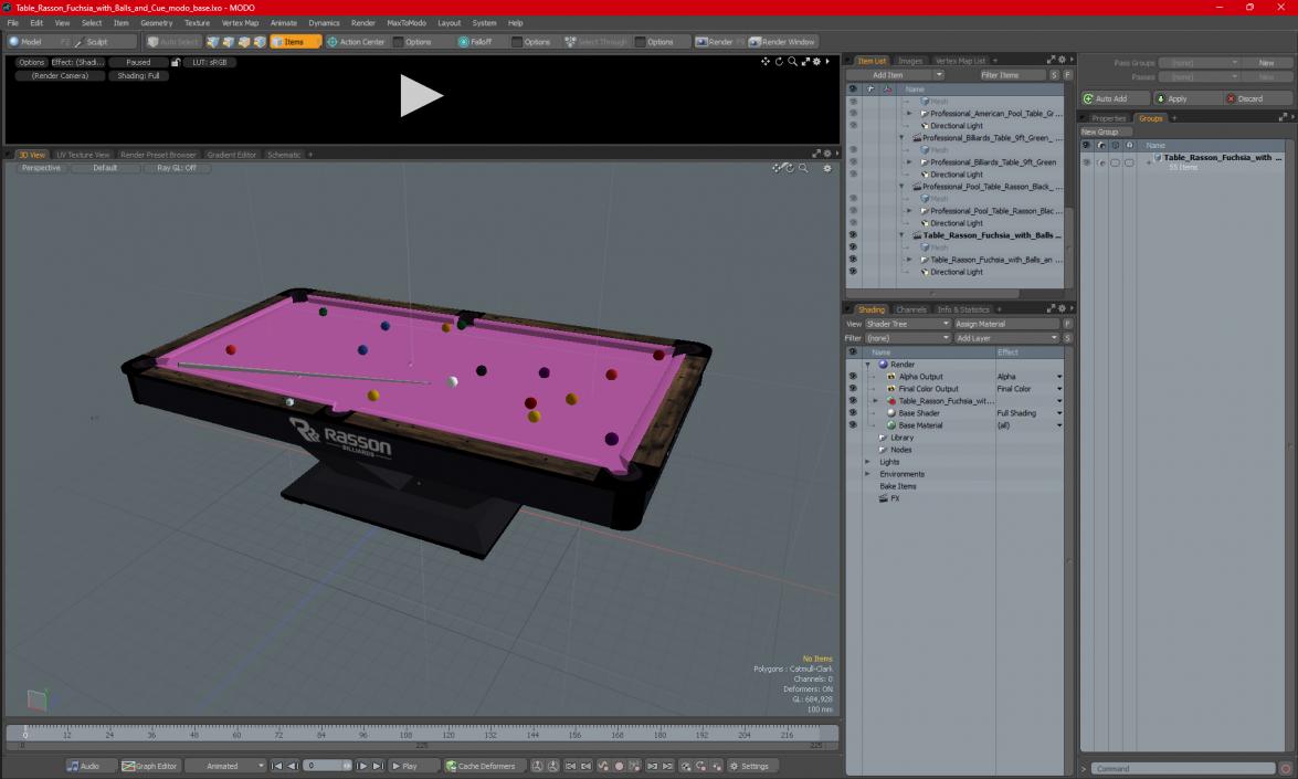 Pool Table Rasson Fuchsia with Balls and Cue 3D model