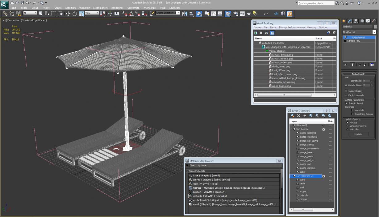 3D Sun Loungers with Umbrella 2 model